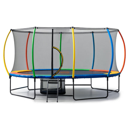 Kahuna 10 ft x 15 ft Oval Outdoor Trampoline with Reversible Rainbow & Orange Safety Pad Safety Net and Ladder.