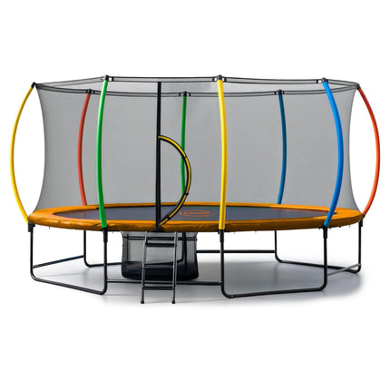 Kahuna 10 ft x 15 ft Oval Outdoor Trampoline with Reversible Rainbow & Orange Safety Pad Safety Net and Ladder.