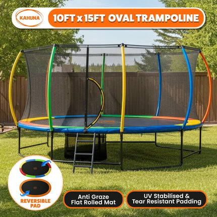 Kahuna 10 ft x 15 ft Oval Outdoor Trampoline with Reversible Rainbow & Orange Safety Pad Safety Net and Ladder.