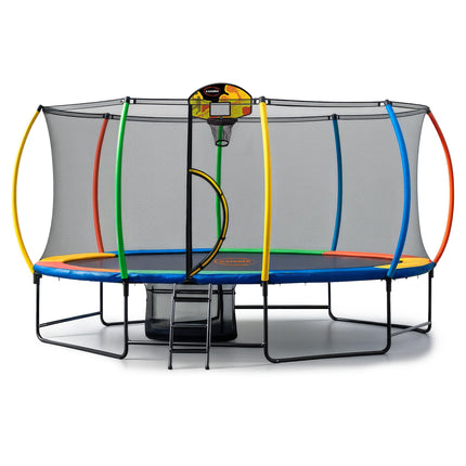 Kahuna 10 ft x 15 ft Oval Outdoor Trampoline w/ Basketball Set Reversible Rainbow & Orange Safety Pad Safety Net Ladder.