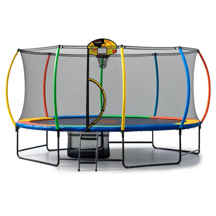 Kahuna 10 ft x 15 ft Oval Outdoor Trampoline w/ Basketball Set Reversible Rainbow & Orange Safety Pad Safety Net Ladder.