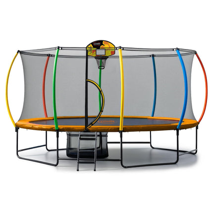 Kahuna 10 ft x 15 ft Oval Outdoor Trampoline w/ Basketball Set Reversible Rainbow & Orange Safety Pad Safety Net Ladder.