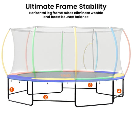 Kahuna 10 ft x 15 ft Oval Outdoor Trampoline w/ Basketball Set Reversible Rainbow & Orange Safety Pad Safety Net Ladder.