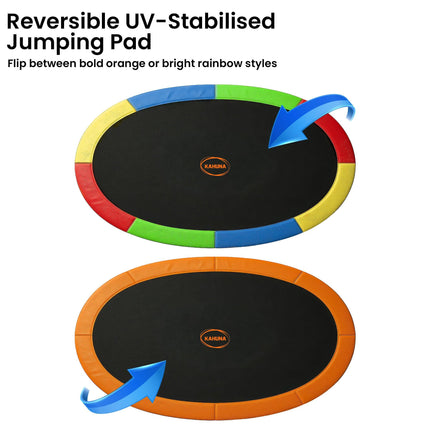 Kahuna 10 ft x 15 ft Oval Outdoor Trampoline w/ Basketball Set Reversible Rainbow & Orange Safety Pad Safety Net Ladder.