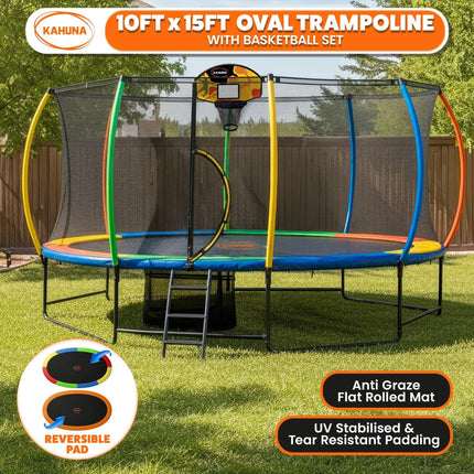 Kahuna 10 ft x 15 ft Oval Outdoor Trampoline w/ Basketball Set Reversible Rainbow & Orange Safety Pad Safety Net Ladder.