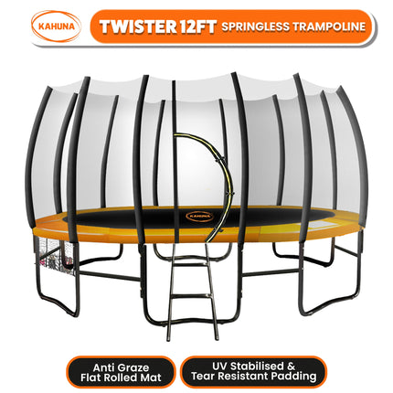Kahuna Twister 12ft Springless Trampoline Outdoor Mat Pad Net Ladder with Basketball Set.