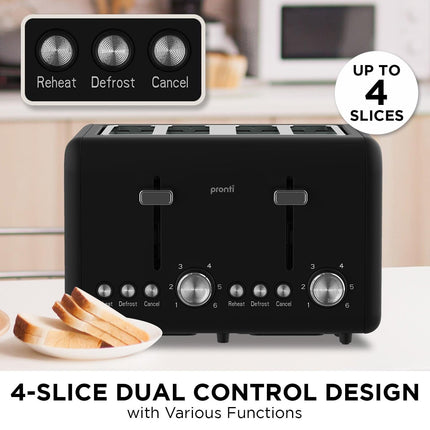 Pronti Silver Noir Collection 4 Slice Toaster with Dual Controls.