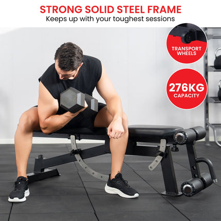 Powertrain Multi Workout Bench with Transport Wheels and Adjustable Backrest.