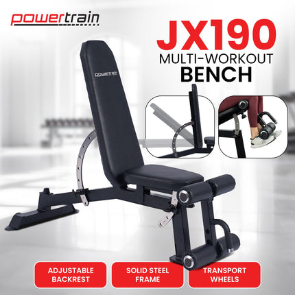 Powertrain Multi Workout Bench with Transport Wheels and Adjustable Backrest.