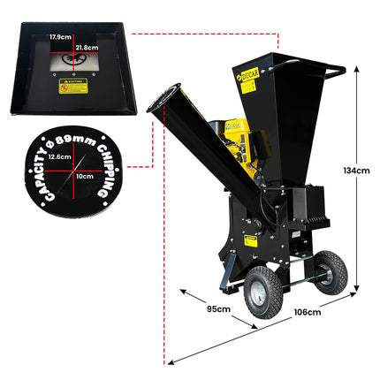 Ducar 89mm Key Electric Start Wood Chipper 420cc 15hp 4-stroke Engine Unleaded Petrol Garden Shredder Mulcher Grinder - 601c Black.