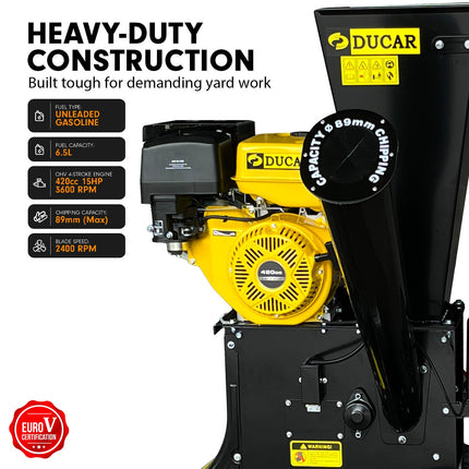 Ducar 89mm Key Electric Start Wood Chipper 420cc 15hp 4-stroke Engine Unleaded Petrol Garden Shredder Mulcher Grinder - 601c Black.