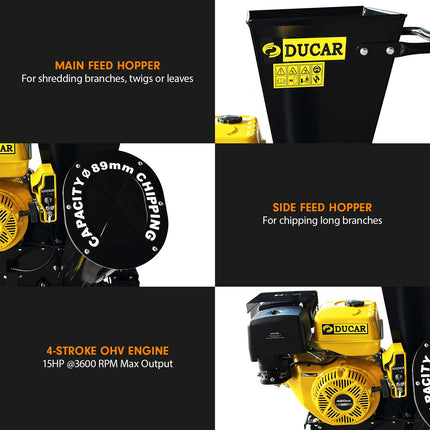 Ducar 89mm Key Electric Start Wood Chipper 420cc 15hp 4-stroke Engine Unleaded Petrol Garden Shredder Mulcher Grinder - 601c Black.