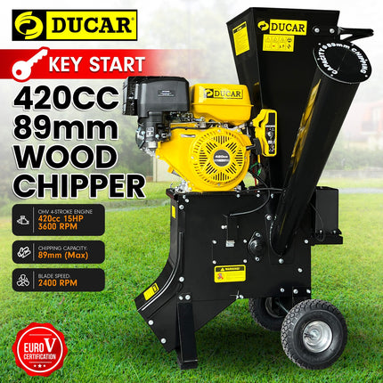 Ducar 89mm Key Electric Start Wood Chipper 420cc 15hp 4-stroke Engine Unleaded Petrol Garden Shredder Mulcher Grinder - 601c Black.