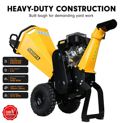 Ducar 70p 3600 Rpm Yellow Black Wood Chipper Shredder Mulcher Grinder Recoil & Electrical Starting System 100mm Capacity Ohv 4-stroke Engine 212cc Unleaded Petrol.