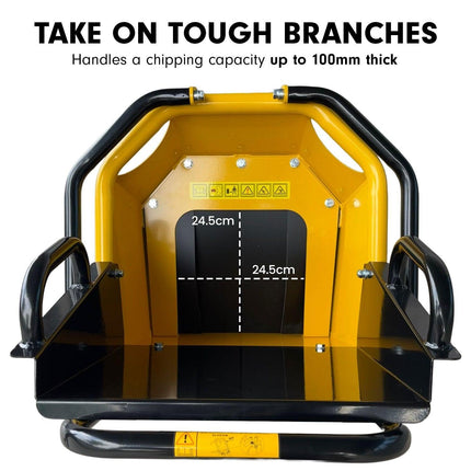 Ducar 70p 3600 Rpm Yellow Black Wood Chipper Shredder Mulcher Grinder Recoil & Electrical Starting System 100mm Capacity Ohv 4-stroke Engine 212cc Unleaded Petrol.