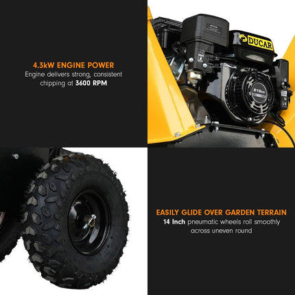 Ducar 70p 3600 Rpm Yellow Black Wood Chipper Shredder Mulcher Grinder Recoil & Electrical Starting System 100mm Capacity Ohv 4-stroke Engine 212cc Unleaded Petrol.
