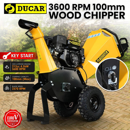 Ducar 70p 3600 Rpm Yellow Black Wood Chipper Shredder Mulcher Grinder Recoil & Electrical Starting System 100mm Capacity Ohv 4-stroke Engine 212cc Unleaded Petrol.