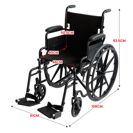 Orthonica New Steel Wheelchair In Black Foldable Lightweight Disability Aid Portable Heavy-duty 24-inch Adjustable Footrest Steel Frame.
