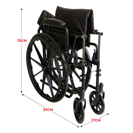 Orthonica New Steel Wheelchair In Black Foldable Lightweight Disability Aid Portable Heavy-duty 24-inch Adjustable Footrest Steel Frame.