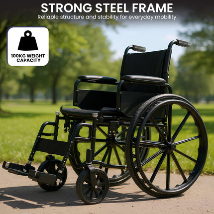Orthonica New Steel Wheelchair In Black Foldable Lightweight Disability Aid Portable Heavy-duty 24-inch Adjustable Footrest Steel Frame.