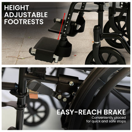 Orthonica New Steel Wheelchair In Black Foldable Lightweight Disability Aid Portable Heavy-duty 24-inch Adjustable Footrest Steel Frame.