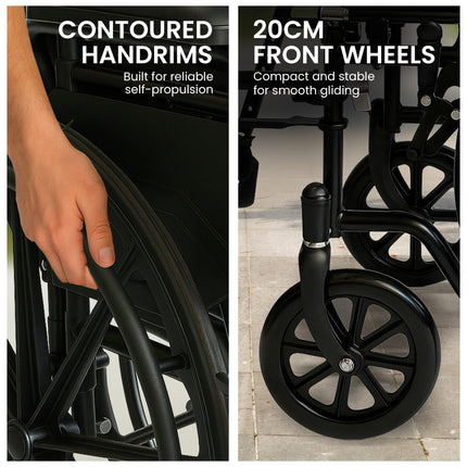Orthonica New Steel Wheelchair In Black Foldable Lightweight Disability Aid Portable Heavy-duty 24-inch Adjustable Footrest Steel Frame.