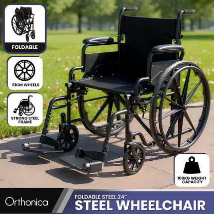 Orthonica New Steel Wheelchair In Black Foldable Lightweight Disability Aid Portable Heavy-duty 24-inch Adjustable Footrest Steel Frame.