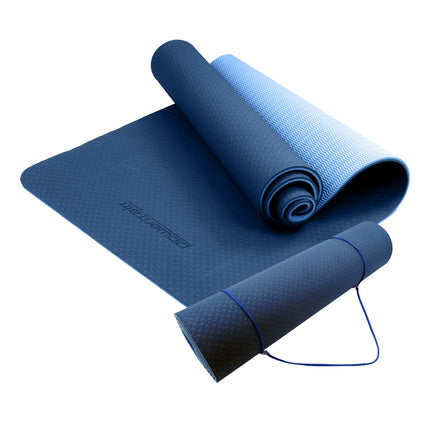 Powertrain TPE Yoga Exercise Mat Home Gym Pilates Fitness 8mm Thick in Dark Blue.