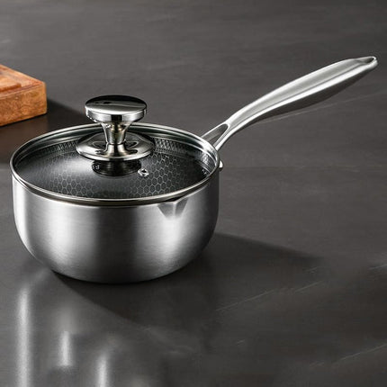 18cm 316L Stainless Steel Saucepan Compound Steel Honeycomb Nonstick Sauce Pan with Glass Lid 1.5L Pot Stay-Cool Handle Multipurpose Milk Saucepan, Induction Capable and Gas Stove.