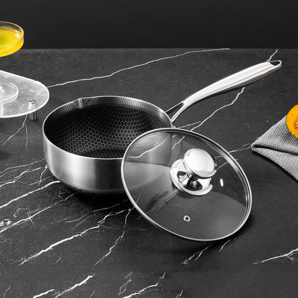 18cm 316L Stainless Steel Saucepan Compound Steel Honeycomb Nonstick Sauce Pan with Glass Lid 1.5L Pot Stay-Cool Handle Multipurpose Milk Saucepan, Induction Capable and Gas Stove.