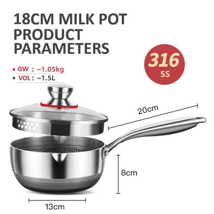 18cm 316L Stainless Steel Saucepan Compound Steel Honeycomb Nonstick Sauce Pan with Glass Lid 1.5L Pot Stay-Cool Handle Multipurpose Milk Saucepan, Induction Capable and Gas Stove.