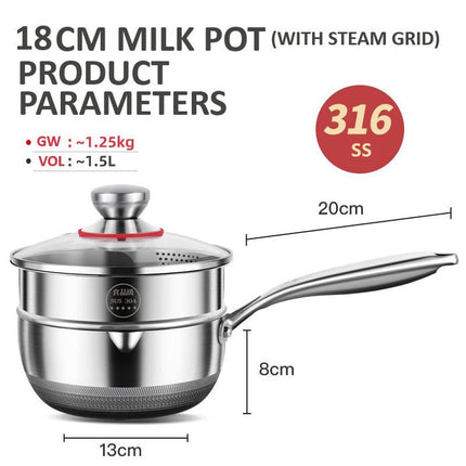 18cm 316L Stainless Steel Saucepan Compound Steel Honeycomb Nonstick Sauce Pan with Glass Lid 1.5L Pot Stay-Cool Handle Multipurpose Milk Saucepan, Induction Capable and Gas Stove.