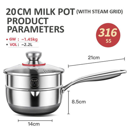 20cm 316L Stainless Steel Saucepan Compound Steel Honeycomb Nonstick Sauce Pan with Glass Lid 2.2L Pot Stay-Cool Handle Multipurpose Milk Saucepan, Induction Capable and Gas Stove.