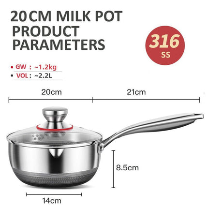 20cm 316L Stainless Steel Saucepan Compound Steel Honeycomb Nonstick Sauce Pan with Glass Lid 2.2L Pot Stay-Cool Handle Multipurpose Milk Saucepan, Induction Capable and Gas Stove.
