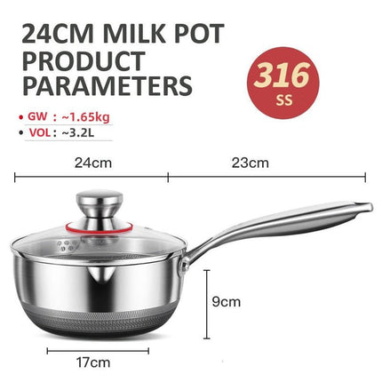 24cm 316L Stainless Steel Saucepan Compound Steel Honeycomb Nonstick Sauce Pan with Glass Lid 3.2L Pot Stay-Cool Handle Multipurpose Milk Saucepan, Induction Capable and Gas Stove.