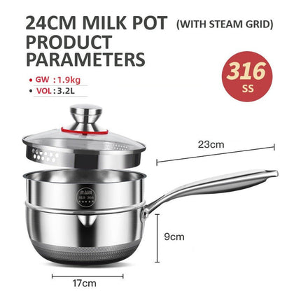 24cm 316L Stainless Steel Saucepan Compound Steel Honeycomb Nonstick Sauce Pan with Glass Lid 3.2L Pot Stay-Cool Handle Multipurpose Milk Saucepan, Induction Capable and Gas Stove.