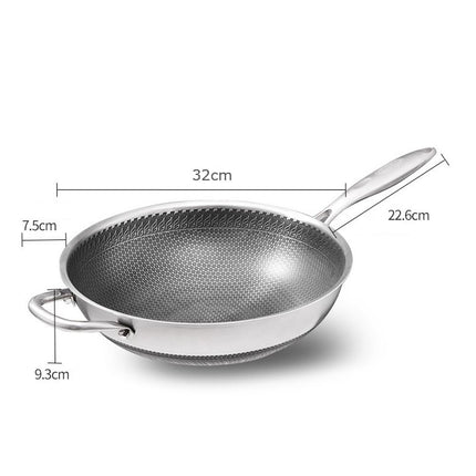 32cm 304 Stainless Steel Non-Stick Stir Fry Cooking Kitchen Honeycomb Wok Pan with Lid.