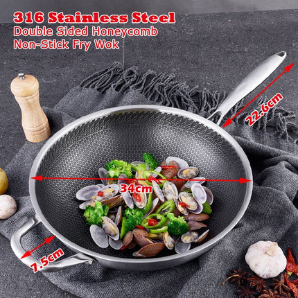 316 Stainless Steel 34cm Non-Stick Stir Fry Cooking Kitchen Wok Pan without Lid Honeycomb Double Sided.