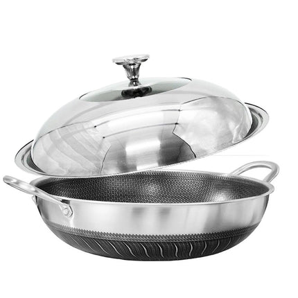 304 Stainless Steel 34cm Non-Stick Stir Fry Cooking Double Ear Kitchen Wok Pan with Lid Honeycomb Double Sided.