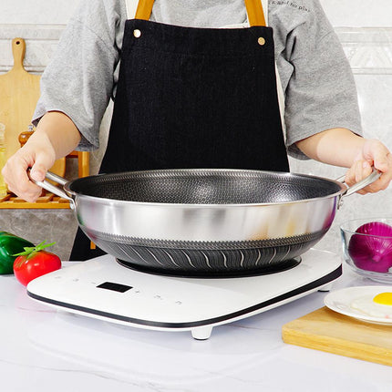 304 Stainless Steel 34cm Non-Stick Stir Fry Cooking Double Ear Kitchen Wok Pan with Lid Honeycomb Double Sided.