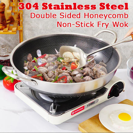 36cm 316 Stainless Steel Non-Stick Stir Fry Cooking Kitchen Wok Pan with Lid Honeycomb Double Sided.