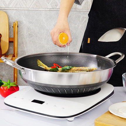 304 Stainless Steel 40cm Double Ear Non-Stick Stir Fry Cooking Kitchen Wok Pan without Lid Honeycomb Double Sided.