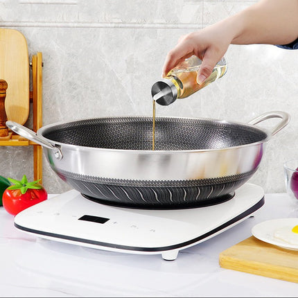 304 Stainless Steel 40cm Double Ear Non-Stick Stir Fry Cooking Kitchen Wok Pan without Lid Honeycomb Double Sided.