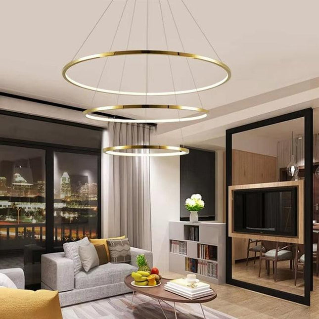 BAMDECOR 18801 Modern LED Chandelier, Dimmable Pendant Light with Remote Control Rings Round Ceiling Lighting Fixture 3 Color Temperatures Contemporary Chandeliers (3 Rings-Gold).
