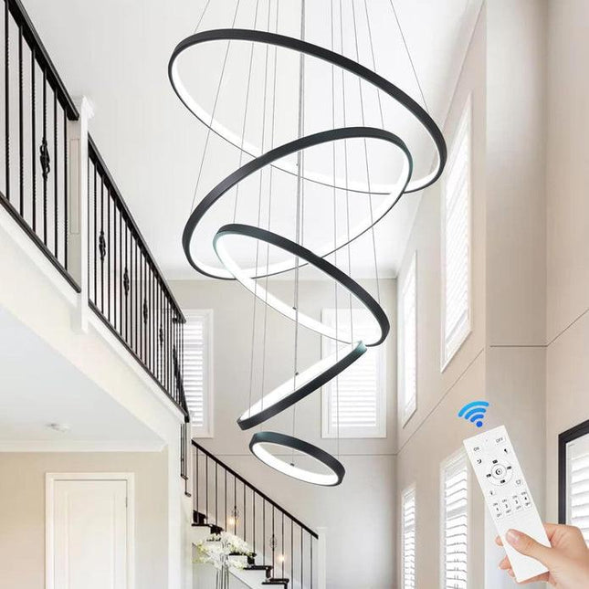 BAMDECOR A18801 Modern LED Chandelier, Dimmable Pendant Light with Remote Control Rings Round Ceiling Lighting Fixture 3 Color Temperatures Contemporary Chandeliers (5 Rings-Black).