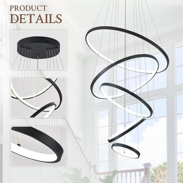 BAMDECOR A18801 Modern LED Chandelier, Dimmable Pendant Light with Remote Control Rings Round Ceiling Lighting Fixture 3 Color Temperatures Contemporary Chandeliers (5 Rings-Black).