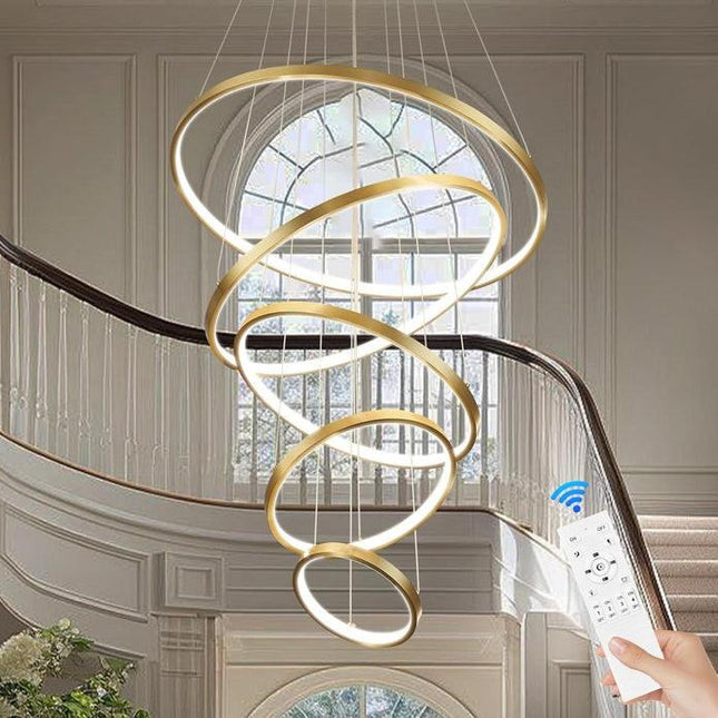 BAMDECOR A18801 Modern LED Chandelier, Dimmable Pendant Light with Remote Control Rings Round Ceiling Lighting Fixture 3 Color Temperatures Contemporary Chandeliers (5 Rings-Gold).