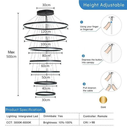 BAMDECOR A18815 Nordic Home Decor Dining Room Pendant lamp lights Ceiling Lamp Hanging Light Chandelier Lamps (7 Rings-Black).