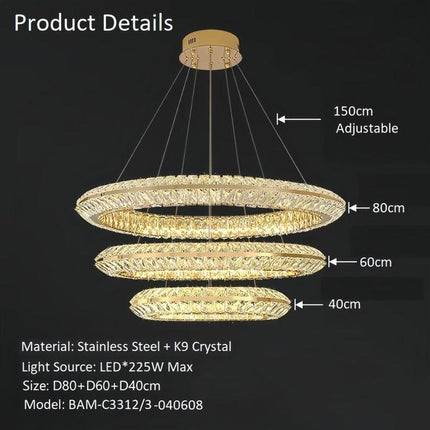 BAMDECOR C3312/3 Crystal Chandelier Living Room Chandelier Crystal Chandelier Room Dining Room lamp New Bedroom Lamps Lighting Villa Light Luxury Post (Size:80+60+40cm).