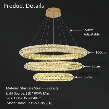 BAMDECOR C3312/3 Crystal Chandelier Living Room Chandelier Crystal Chandelier Room Dining Room lamp New Bedroom Lamps Lighting Villa Light Luxury Post (Size:100+80+60cm).